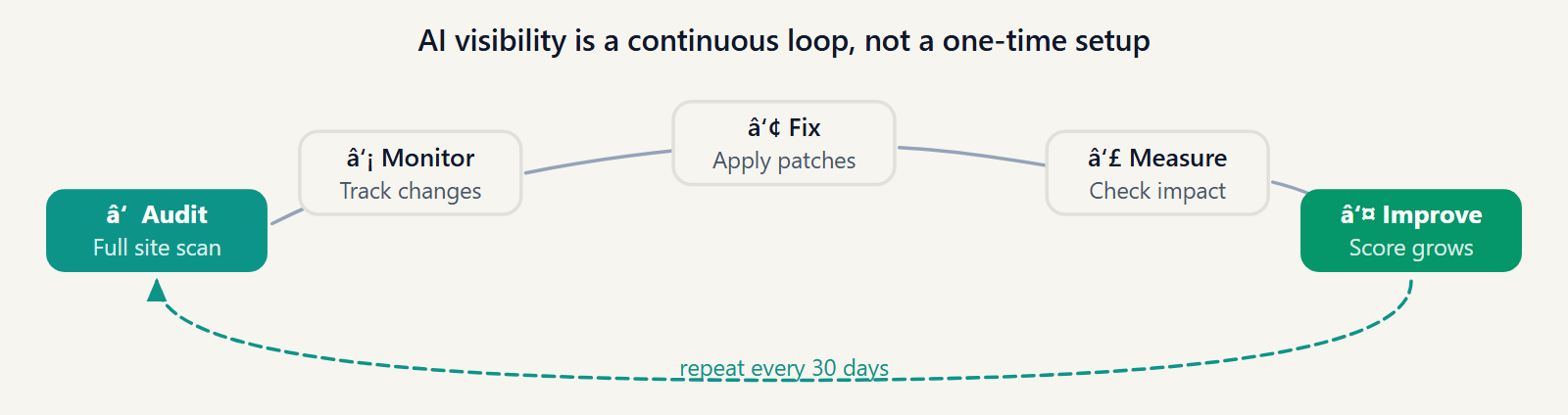Loop diagram showing citation checks repeated over time through snapshots, fixes, rechecks, and monitoring.